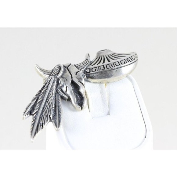 Vintage Sterling Silver Western Pin Brooch Steer Feather and Bowl - Picture 2 of 5